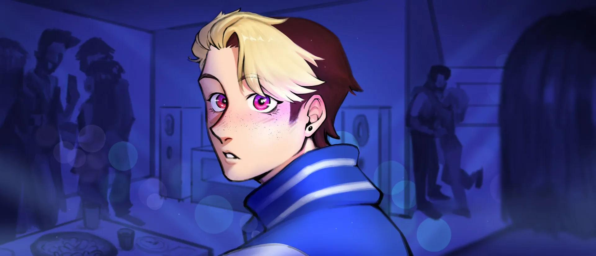 A blond young man with pink eyes glancing back over his shoulder at a party washed in blue light.