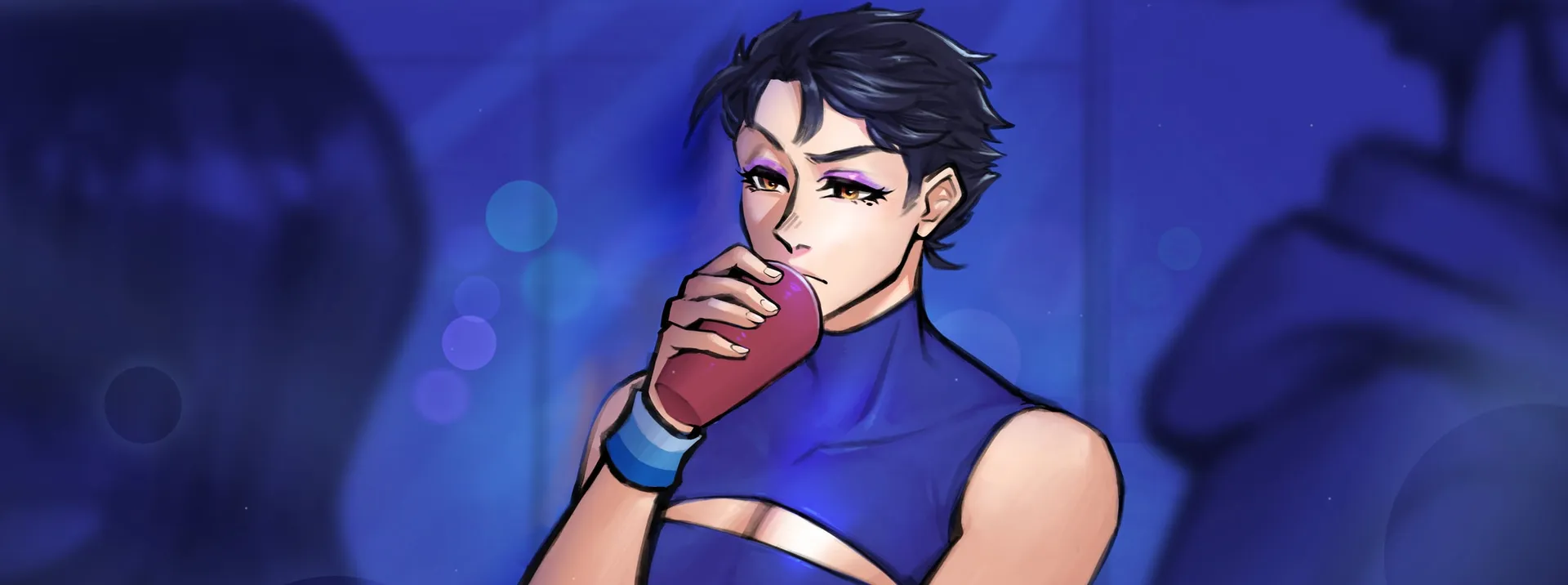 A dark-haired man in a blue cutout top sipping from a red cup at a party washed in blue light.