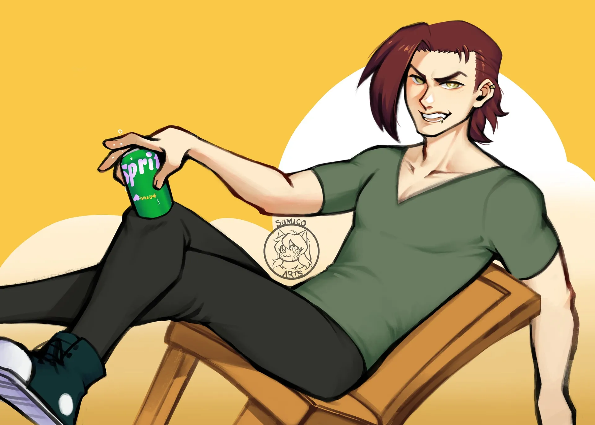 A red-haired man lounging in a wooden chair with a can of Sprite against a yellow sky.
