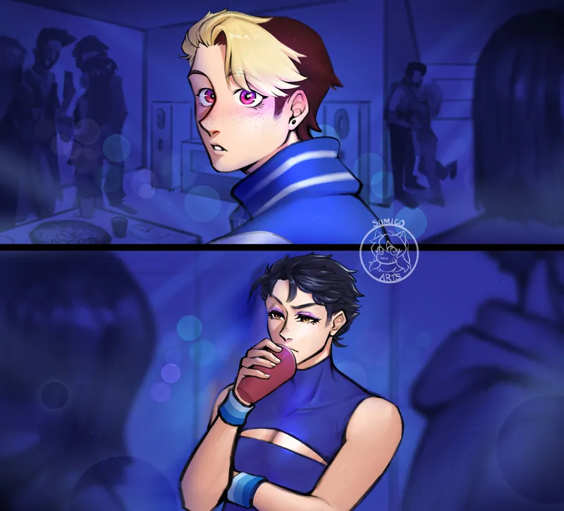 Two panels at a party washed in blue light: a blond young man with pink eyes glancing back, and a dark-haired man sipping from a cup.