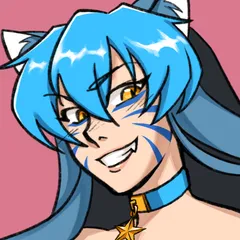 Sumico's sona Aye: a grinning blue-haired cat girl with blue face markings.