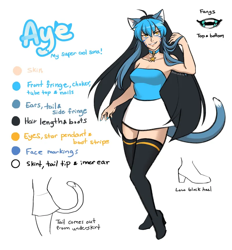 Reference sheet for Aye, Sumico's sona: a blue-haired cat girl in a blue tube top, white skirt and black thigh-high boots, with color notes and fang and tail details.