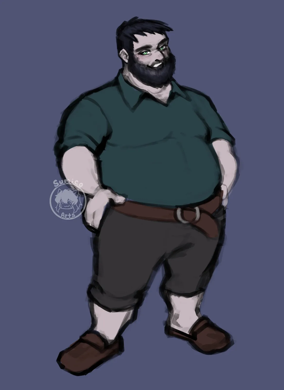 A stout bearded man in a green shirt, grey trousers and brown shoes, hands on his hips.