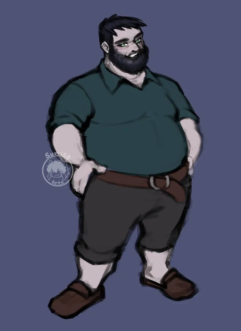A stout bearded man in a green shirt, grey trousers and brown shoes, hands on his hips.