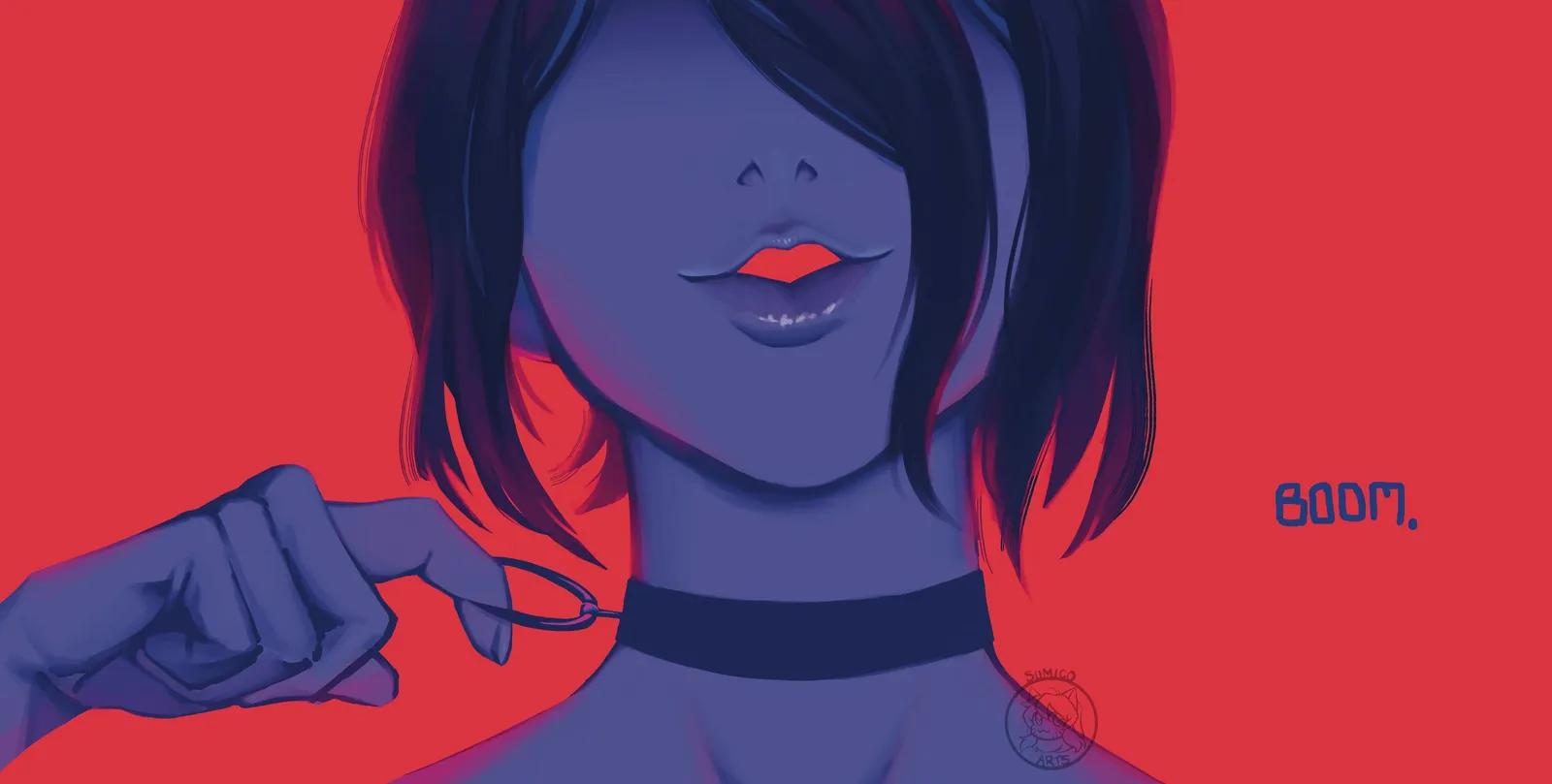 A close crop of a dark-haired figure in blue tones against red, lips parted and a finger hooked in a black choker, with BOOM. lettered beside them.