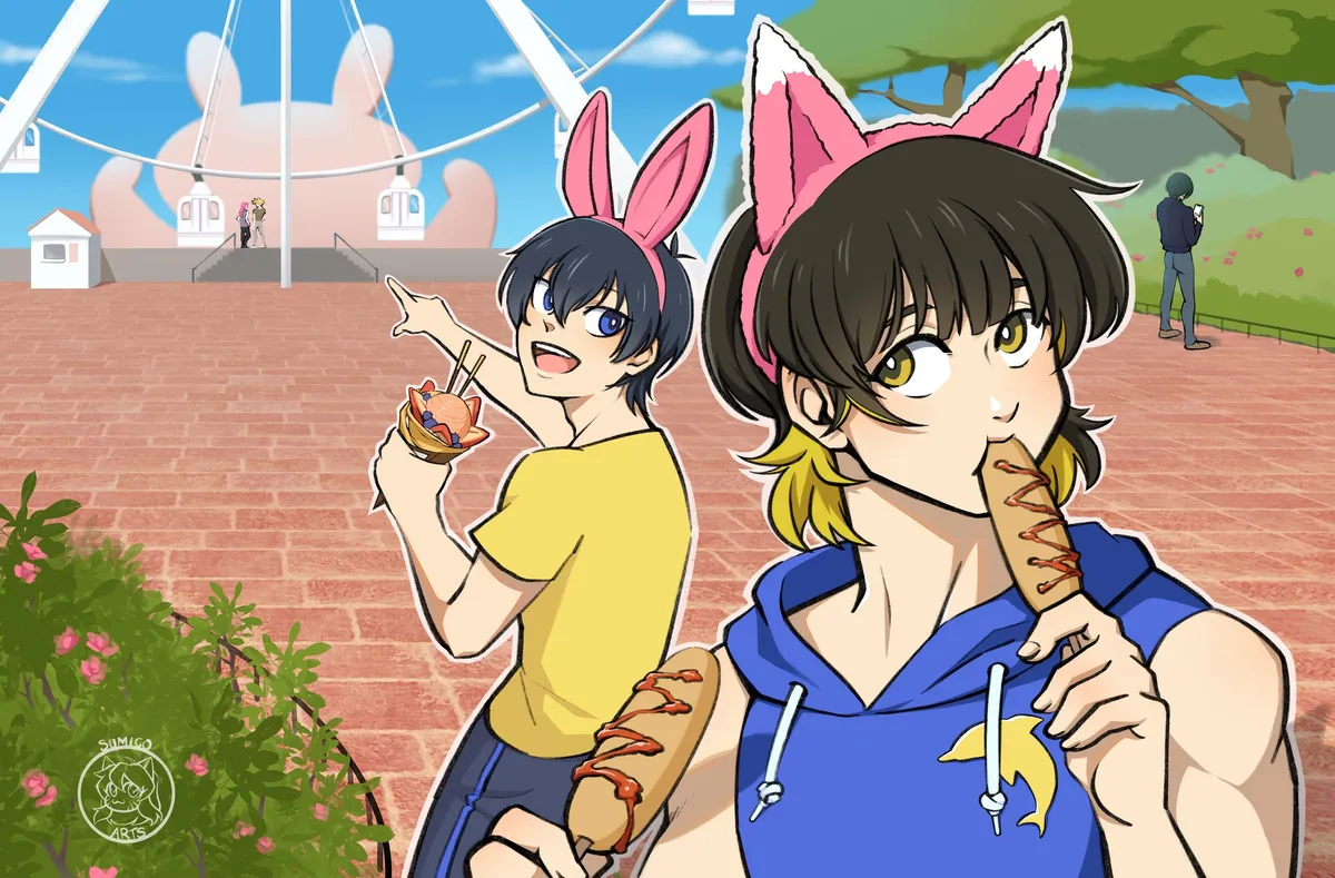 Two Blue Lock players at an amusement park, Bachira in a cat-ear headband eating a corn dog and a friend in bunny ears, a Ferris wheel behind them.