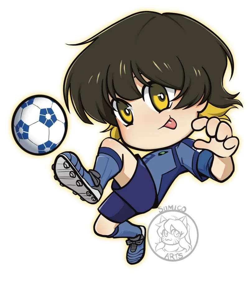 Chibi Bachira Meguru from Blue Lock with his tongue out, juggling a soccer ball off one foot.