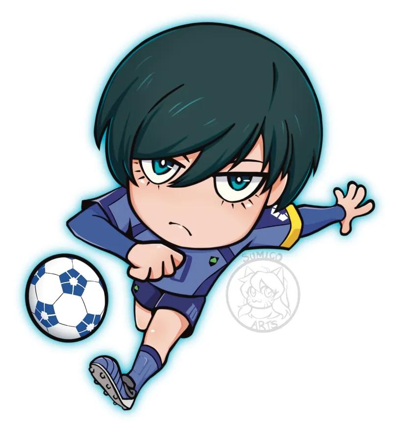 Chibi Rin Itoshi from Blue Lock in his blue kit, mid-kick with a soccer ball.