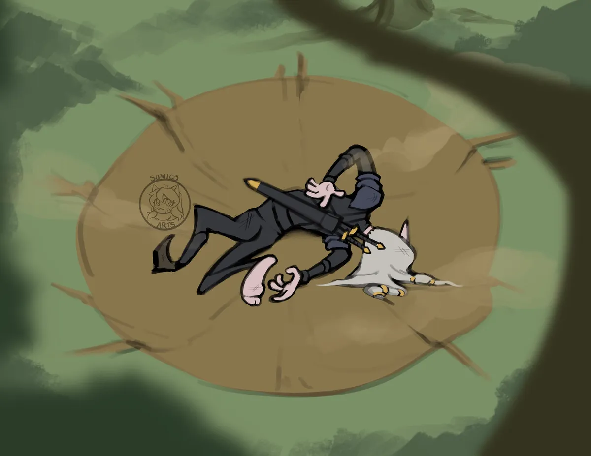 Seen from above, a figure in a black suit sprawled on a round wooden platform in a forest beside a white-haired companion.