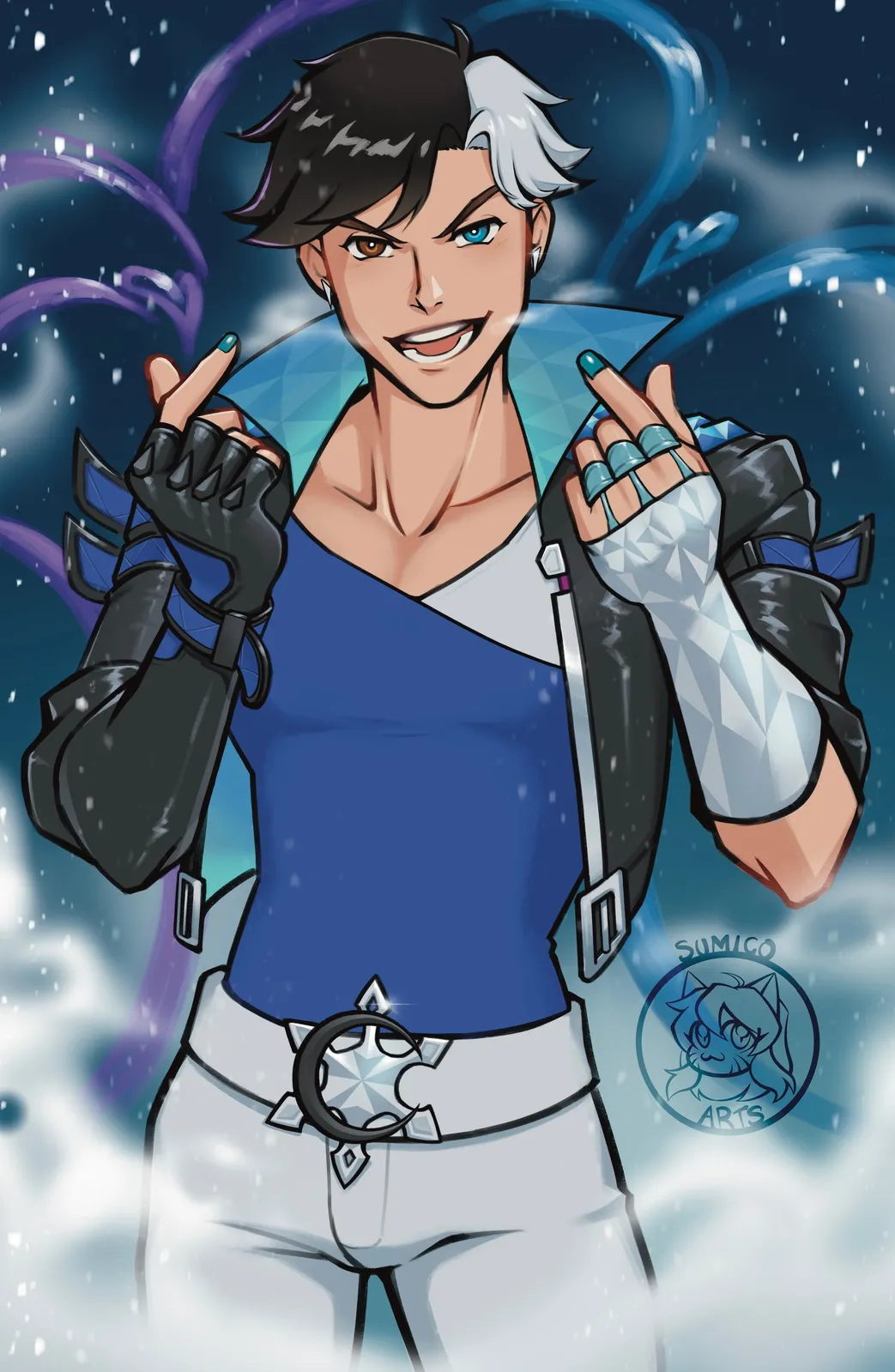 A grinning young man with black and white split hair making finger hearts in fingerless gloves and a leather jacket, snow swirling behind him.