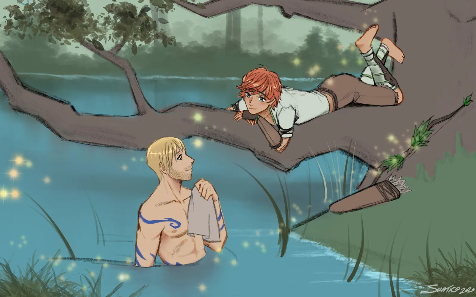 A blond man bathing in a forest pond with a towel while a red-haired companion lounges on a branch above, fireflies glowing around them.