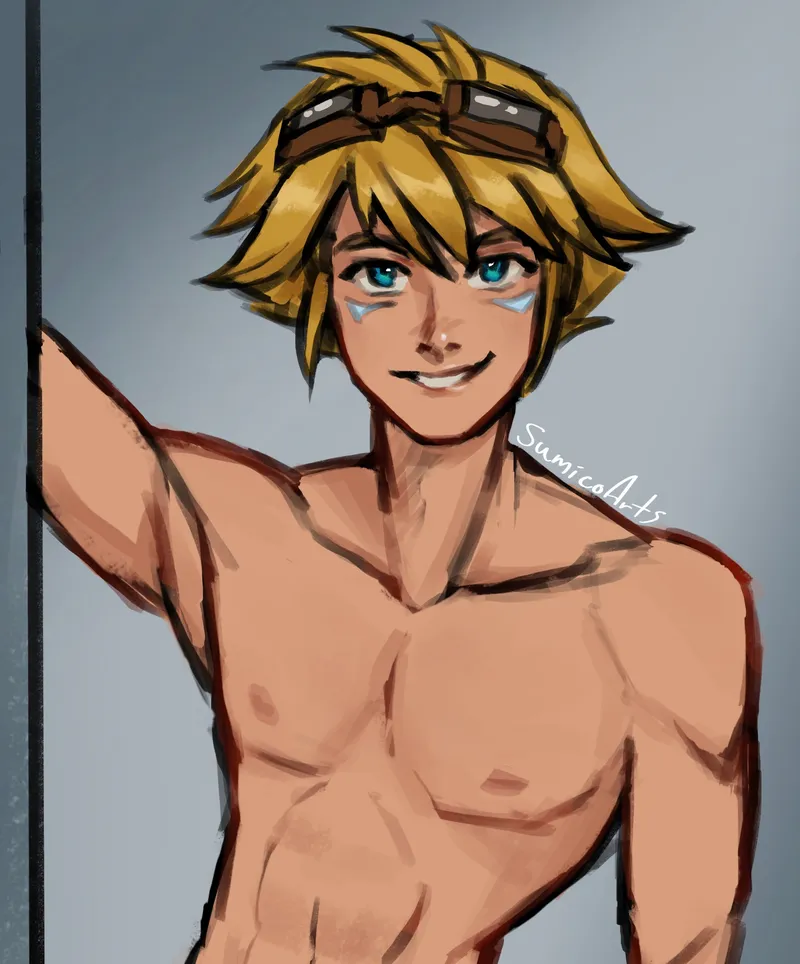 A shirtless blond young man with goggles pushed up on his head and blue face markings, grinning.