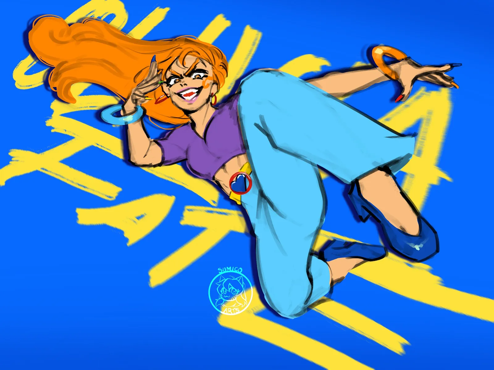 An orange-haired woman leaping across a blue background scrawled with yellow graffiti, in a purple crop top and wide pale blue jeans.