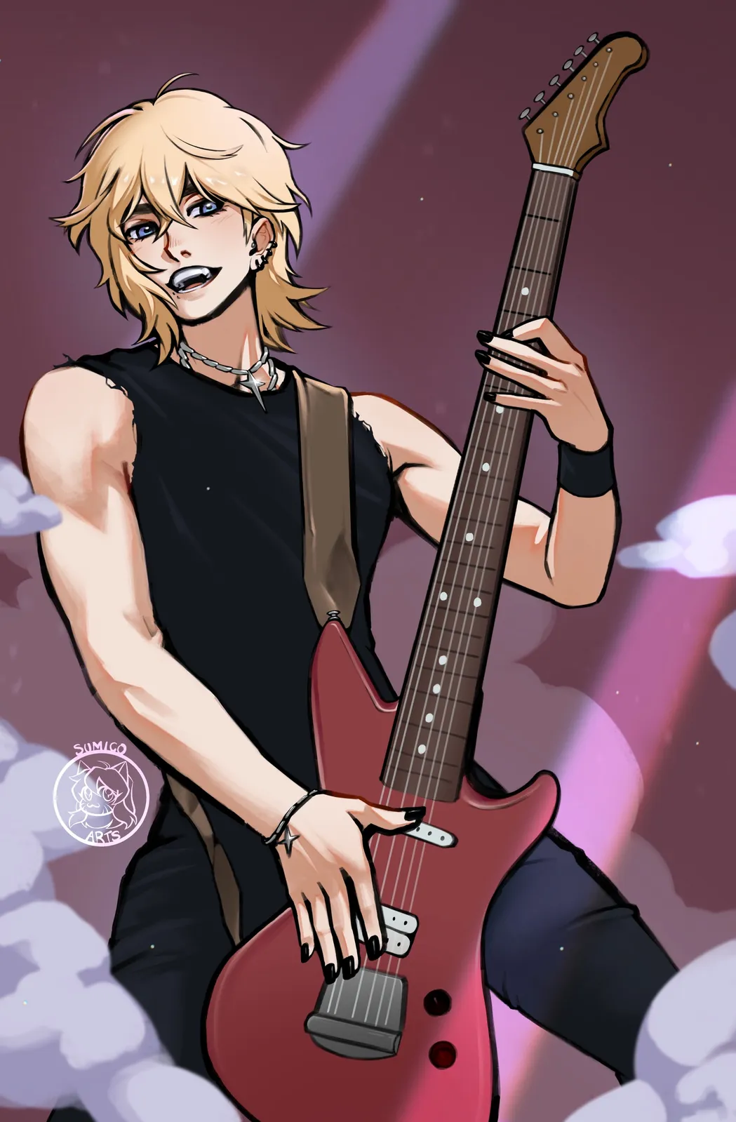 A blond rocker in a black tank top playing a red electric guitar on a smoky stage.