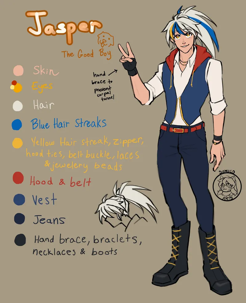 Reference sheet for Jasper, the Good Boy: a white-haired young man with blue and yellow streaks in a red hood, blue vest and jeans, flashing a peace sign.