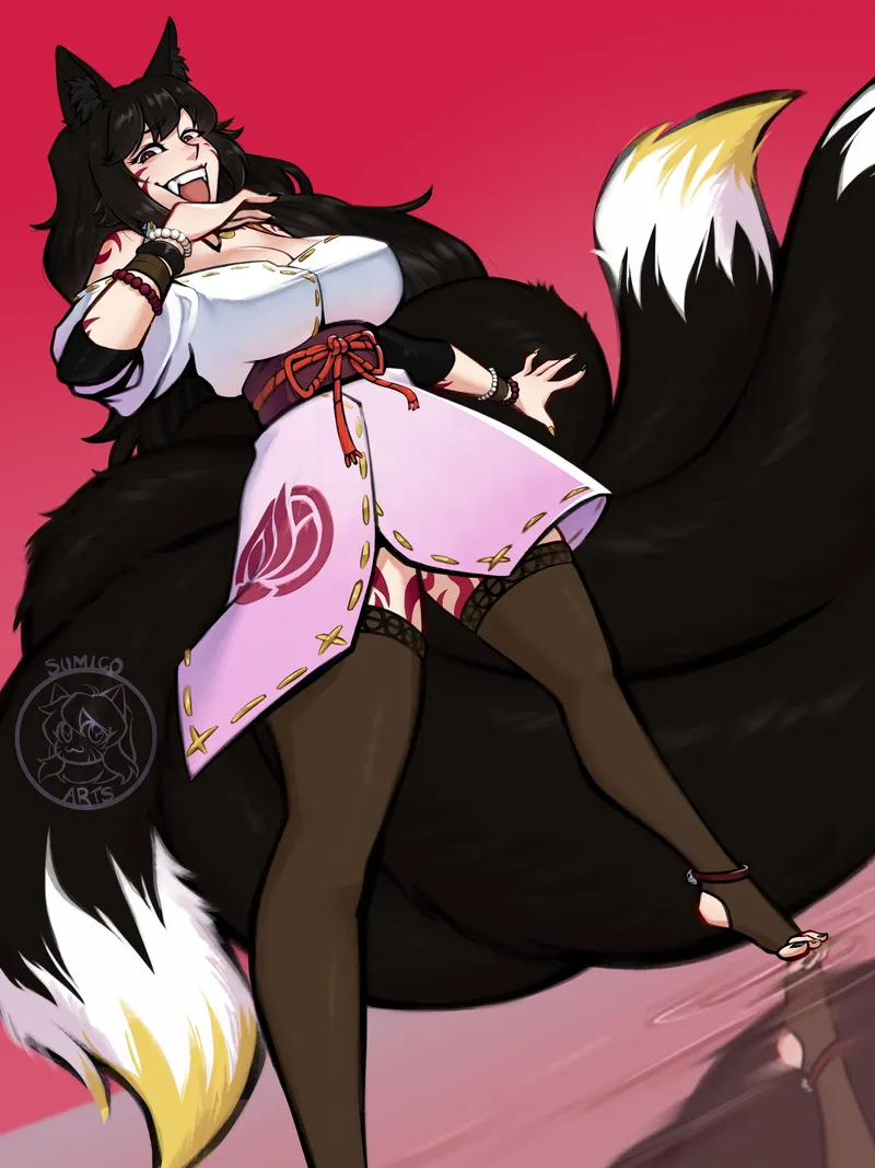 A laughing black-haired fox woman with a spread of black and white tails, in a white blouse, pink skirt and stockings, on a red background.