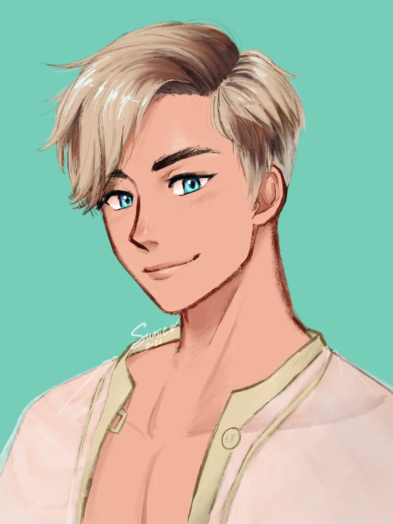 A bust portrait of a smiling blond young man in an open linen shirt against a mint background.