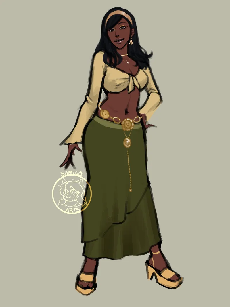 A woman with long dark hair and a headband in a tied cream blouse, olive maxi skirt and gold belt, one hand on her hip.
