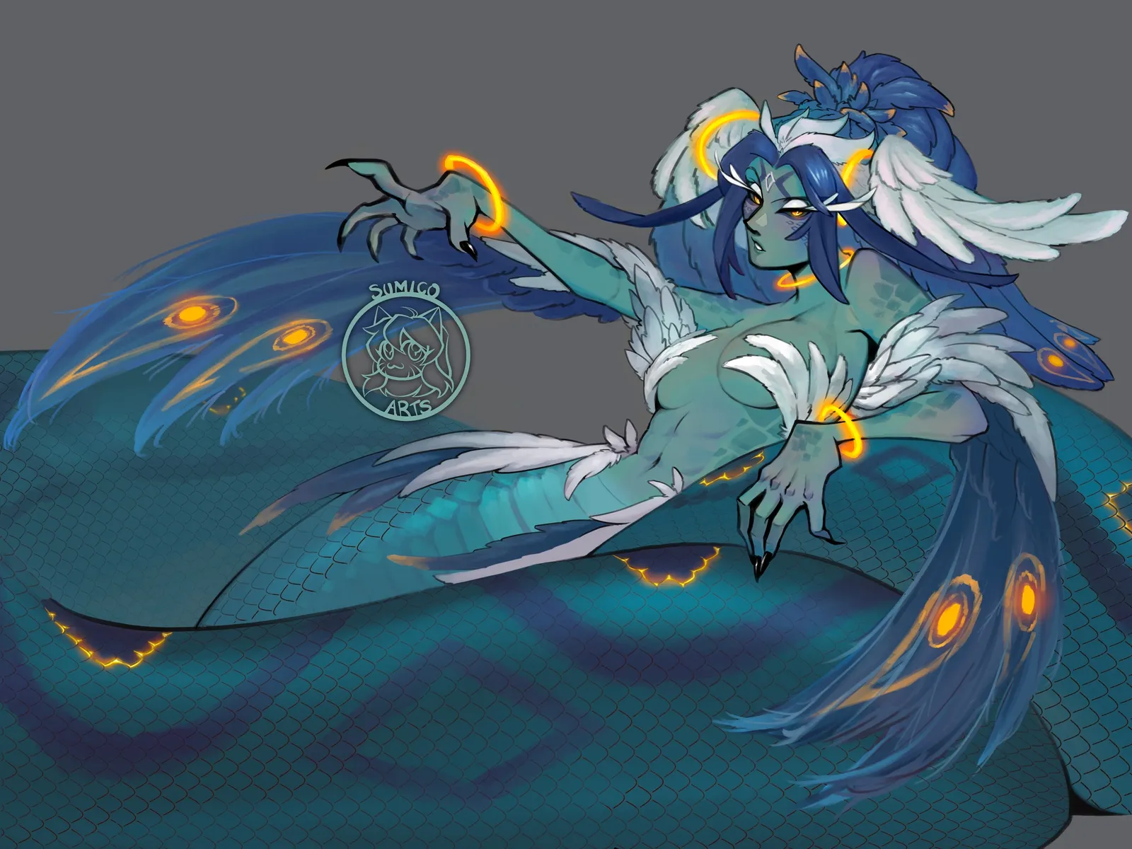 A blue-skinned naga with a coiled teal serpent tail, peacock feathers and gold bangles, reaching out with clawed hands.