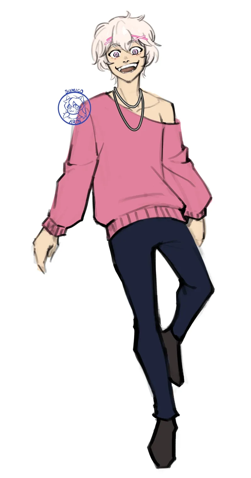 A grinning young man with pale pink hair in an off-shoulder pink sweater and navy jeans.