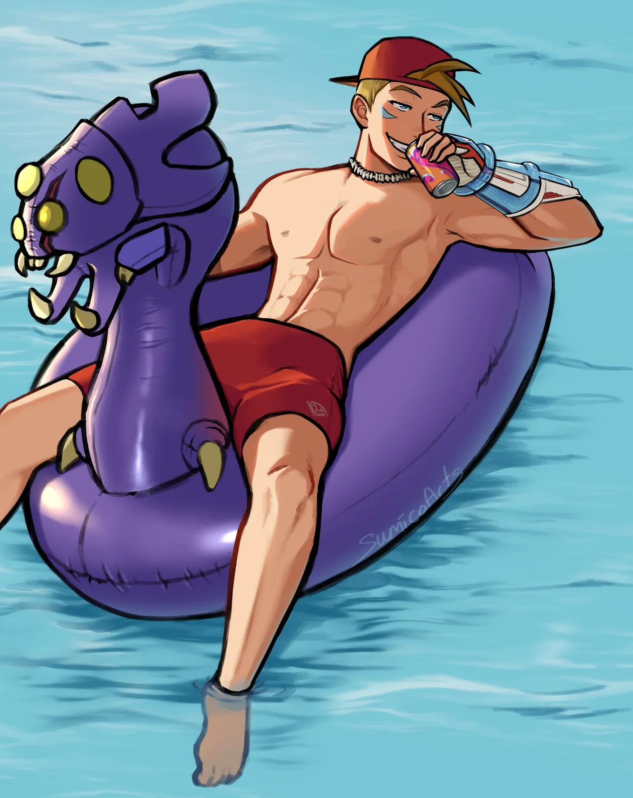 A shirtless man in a red cap and red swim trunks lounging on a purple monster pool float, sipping a drink.