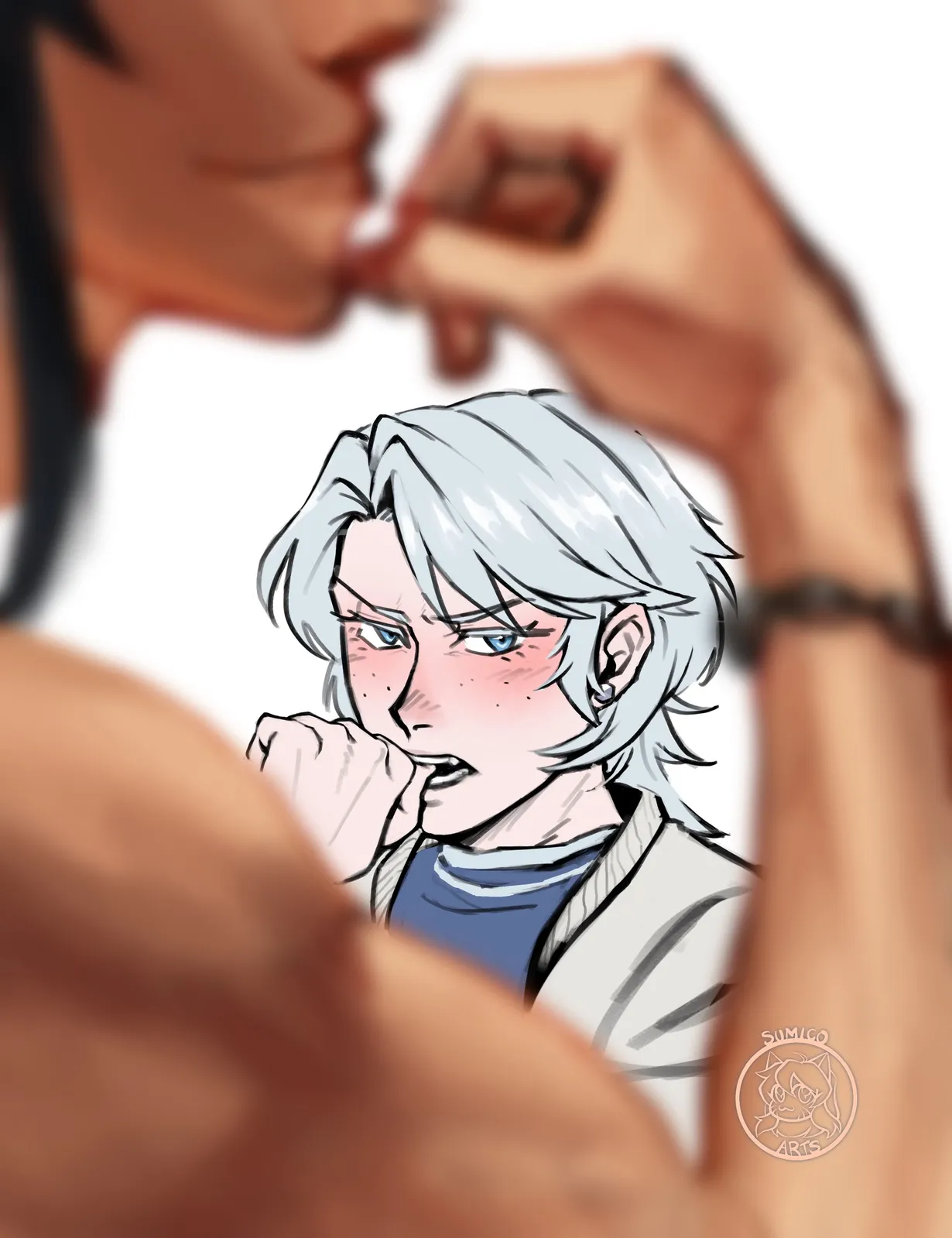 Rei, a silver-haired young man, blushing and biting his thumb, with a muscular arm blurred in the foreground.