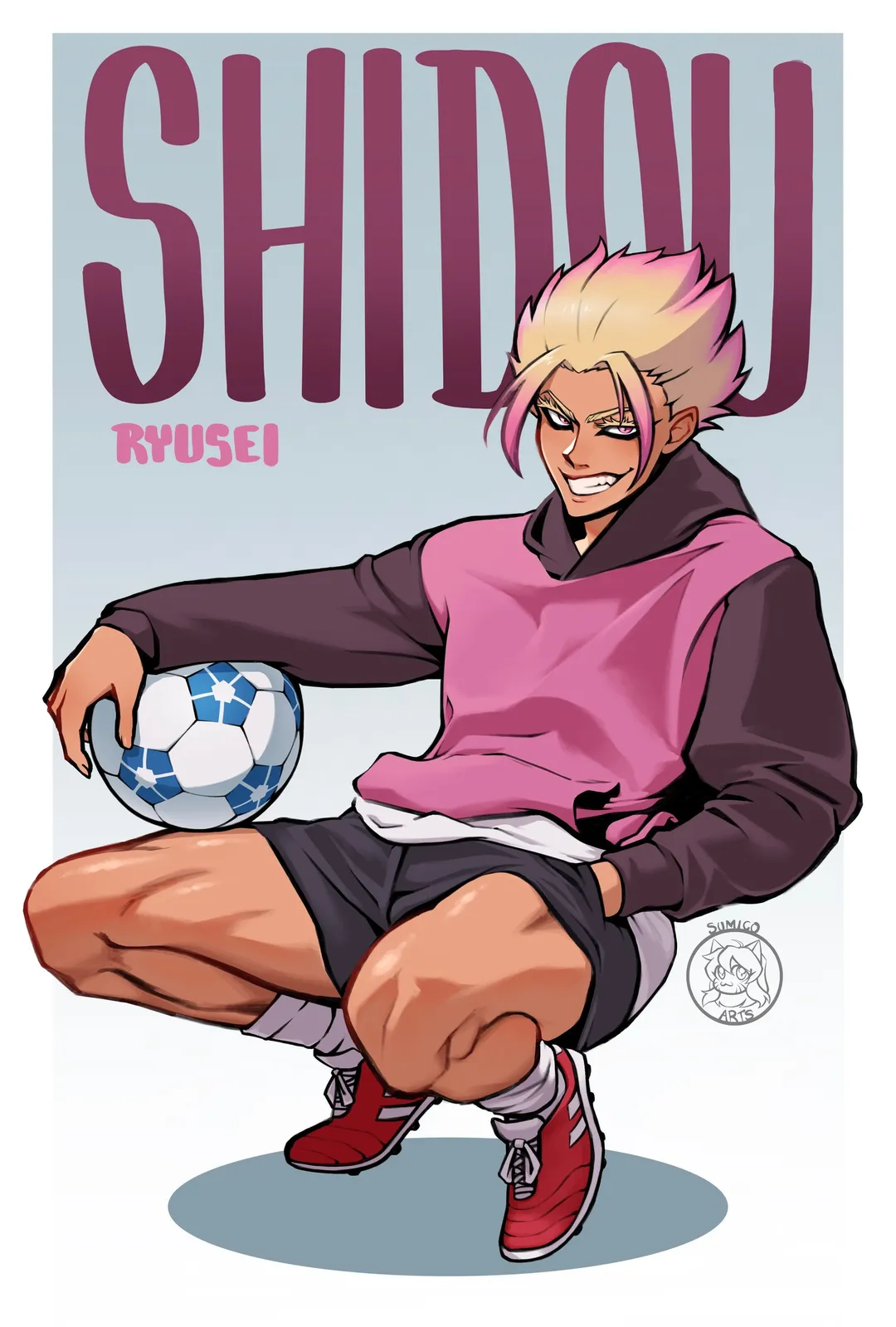 Shidou Ryusei from Blue Lock crouching with a soccer ball in a pink and maroon hoodie, under the title SHIDOU RYUSEI.