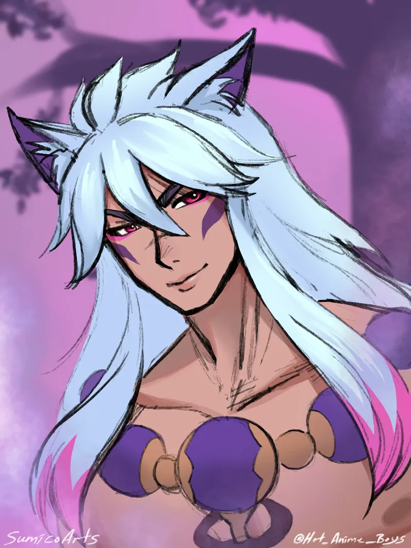A man with long white hair, wolf ears and purple face markings smirking against a pink and purple background.