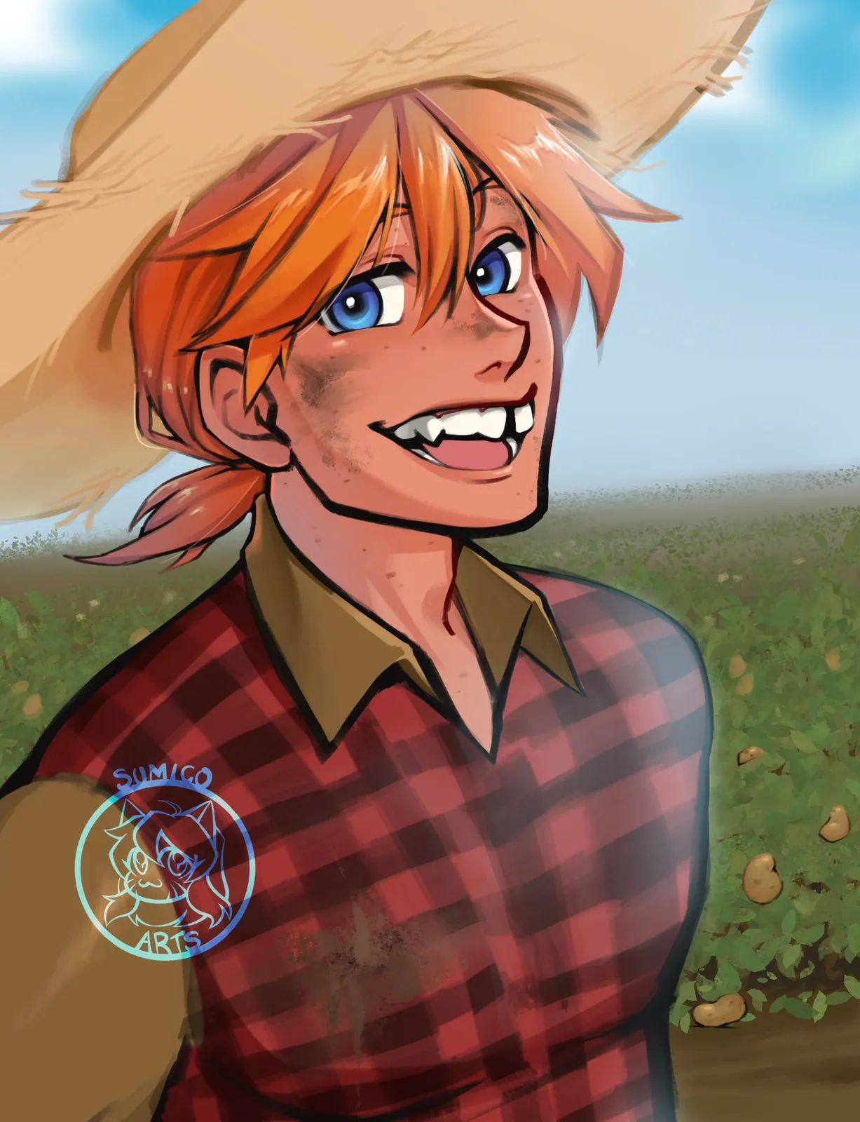 An orange-haired farmer in a straw hat and red plaid shirt grinning with a smudge of dirt on his cheek, in a potato field.