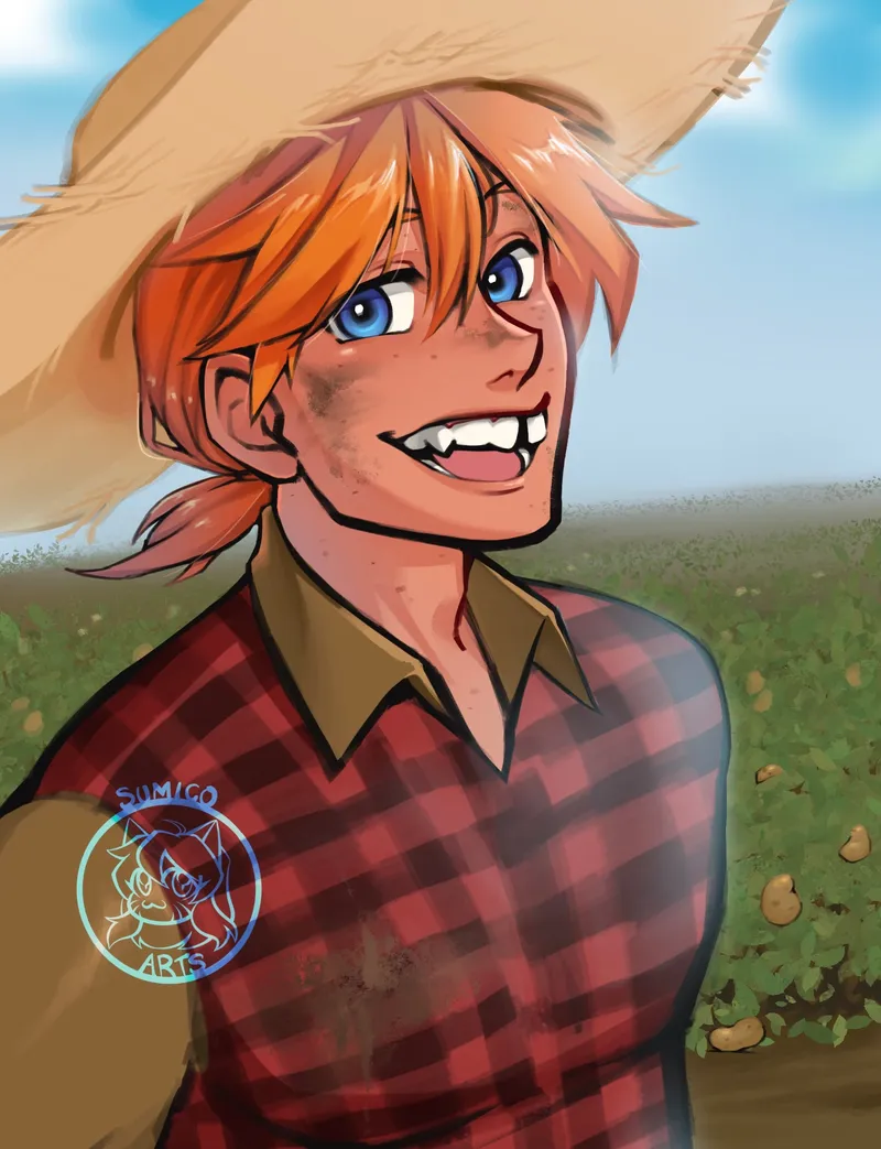 An orange-haired farmer in a straw hat and red plaid shirt grinning with a smudge of dirt on his cheek, in a potato field.