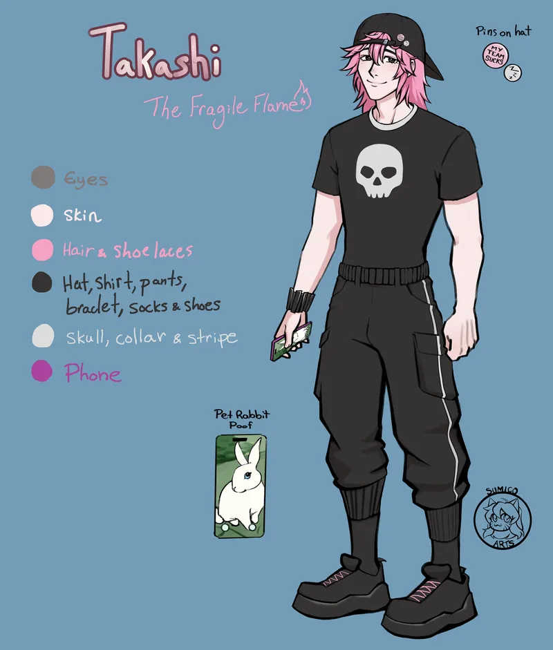 Reference sheet for Takashi, the Fragile Flame: a pink-haired man in a black cap, skull T-shirt and cargo pants, with a photo of his pet rabbit.