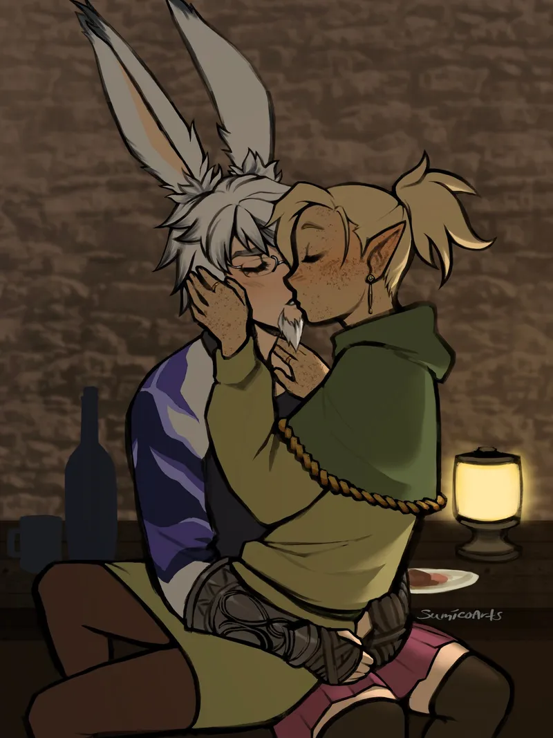 A white-haired rabbit-eared man kissing a blonde elf in a green hood on his lap, in a dim tavern lit by a small lamp.