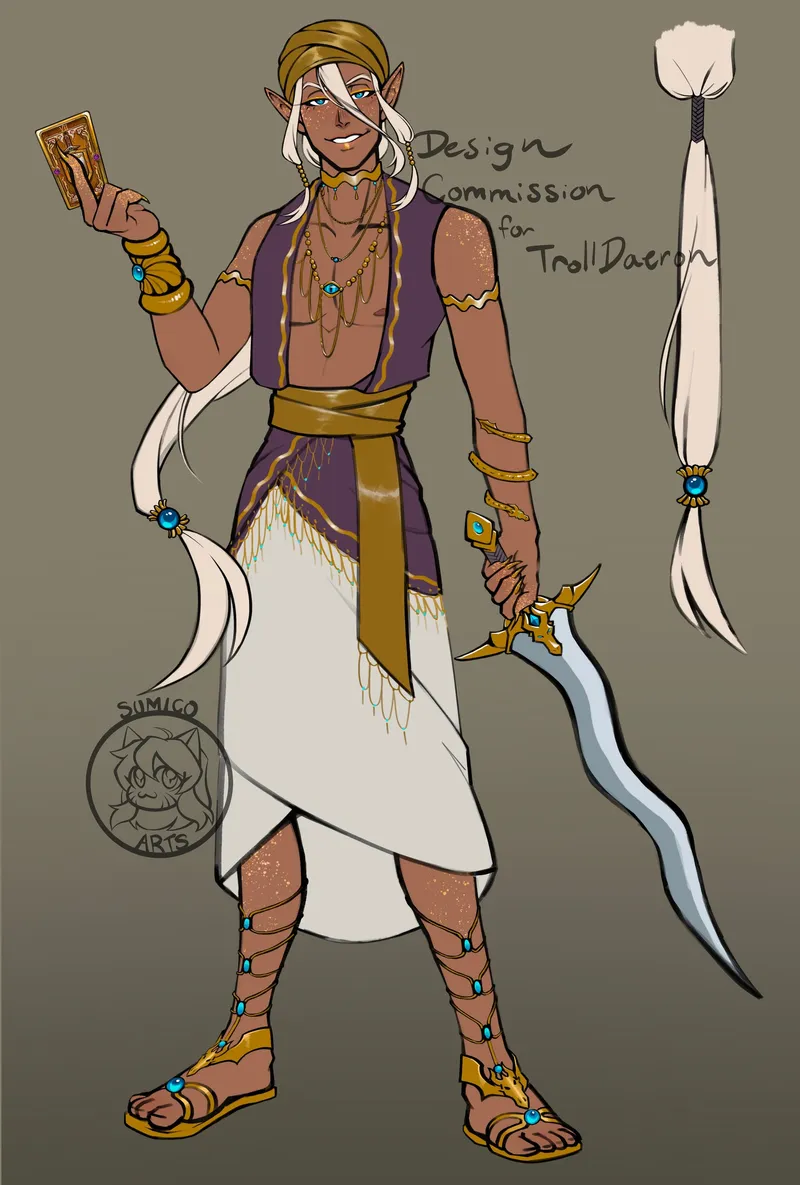A character design of an elf with long white hair, gold jewelry and a curved sword, holding up a tarot card, labelled Design Commission for TrollDaeron.