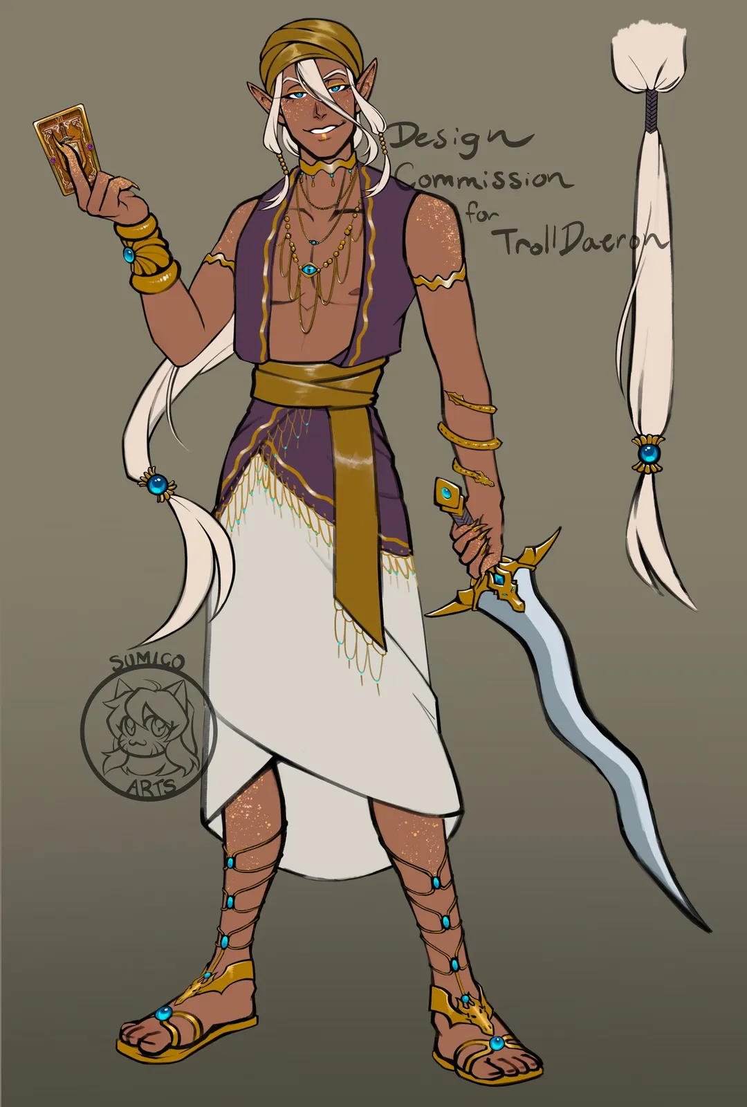 A character design of an elf with long white hair, gold jewelry and a curved sword, holding up a tarot card, labelled Design Commission for TrollDaeron.
