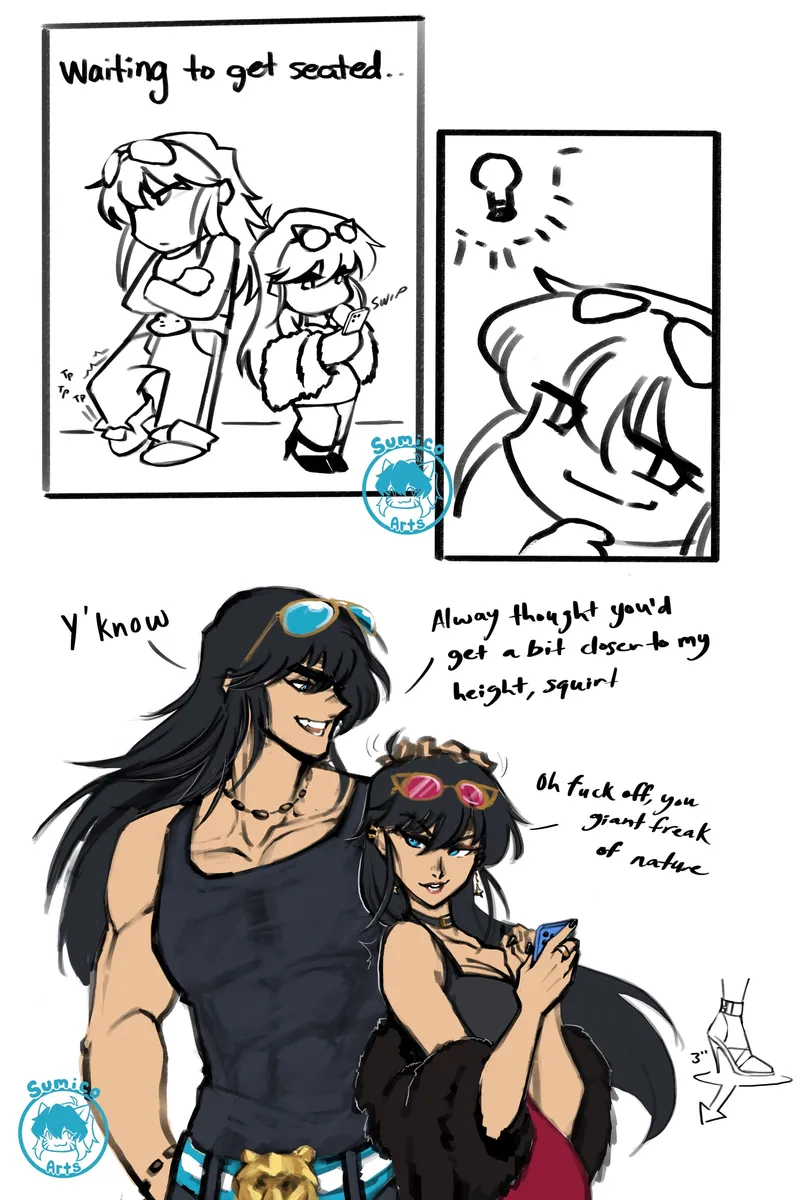 A sketch comic of towering Ichigo teasing Aiko about her height while they wait for a table, and Aiko snapping back.